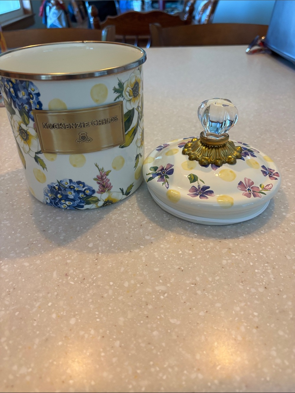MacKenzie-Childs Floral canister with Glass Knob - White & Yellow